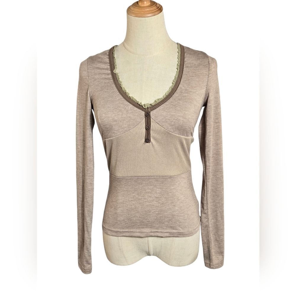 IAEY Brown Corset Style Two Fabric Henley Top NWT